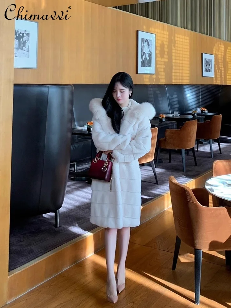 خريف شتاء جديد الراقية موضة الثعلب الفراء طوق طويل مقنعين معطف الفرو فضفاض أنيق دافئ تقليد فرو المنك سترة للنساء