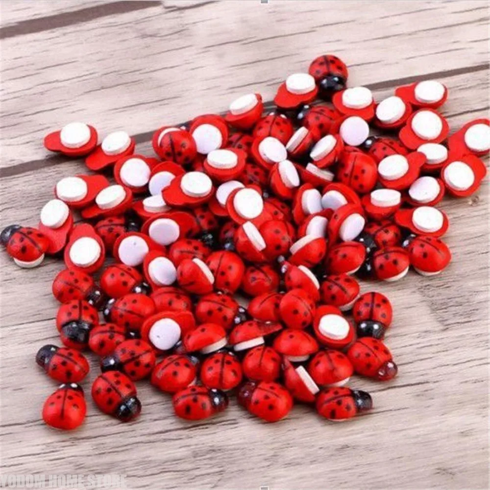 100Pcs Wooden Mini Bee & Ladybug Stickers, Self-adhesive Red Painted Decals, DIY Crafts Scrapbook Home Garden Party Decor