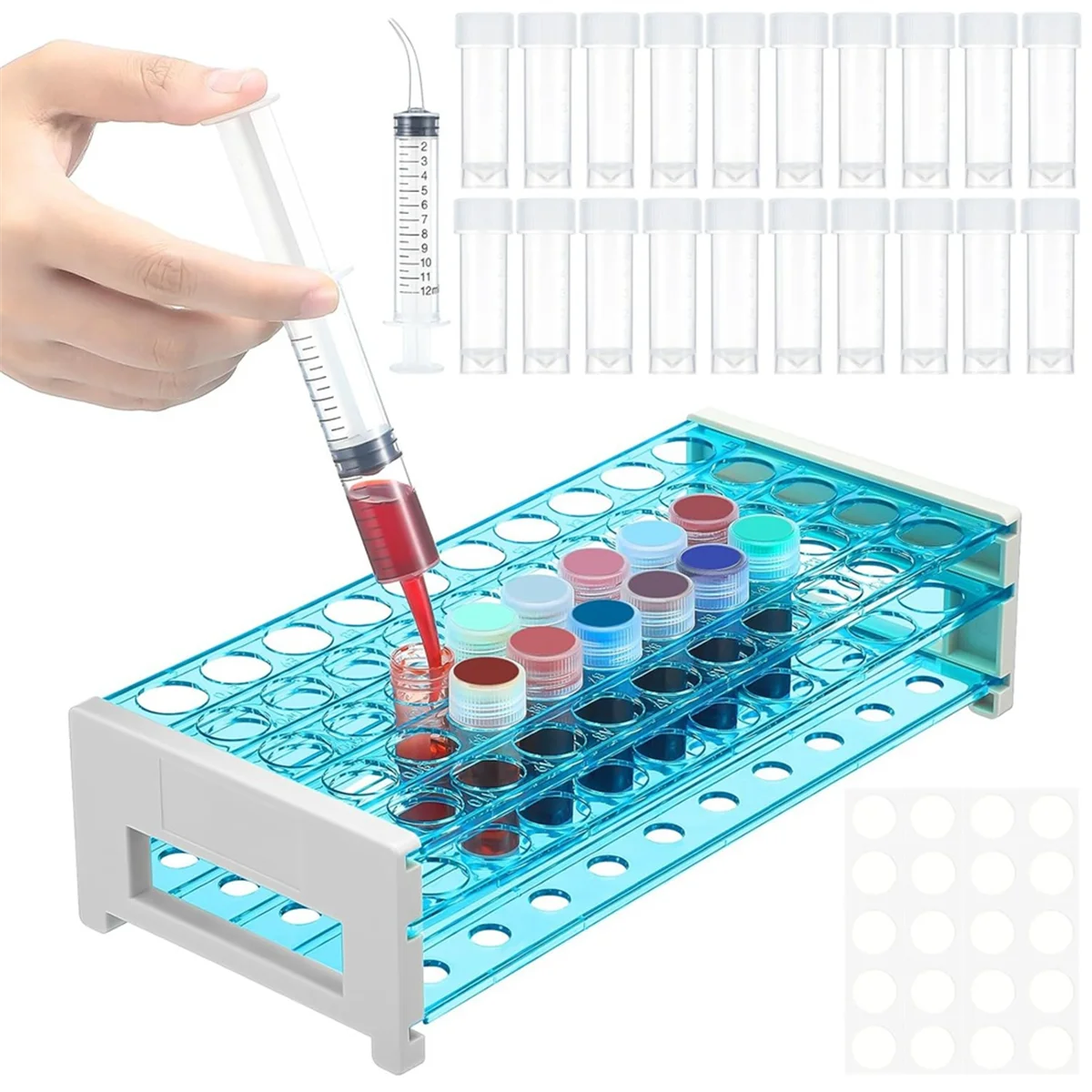 AA25 1 Sets Ink Sample Vial Holder, 50pcs 5ml Vial Storage Container with Test Tube Rack, 2 Curved Tip Syringes and Stickers