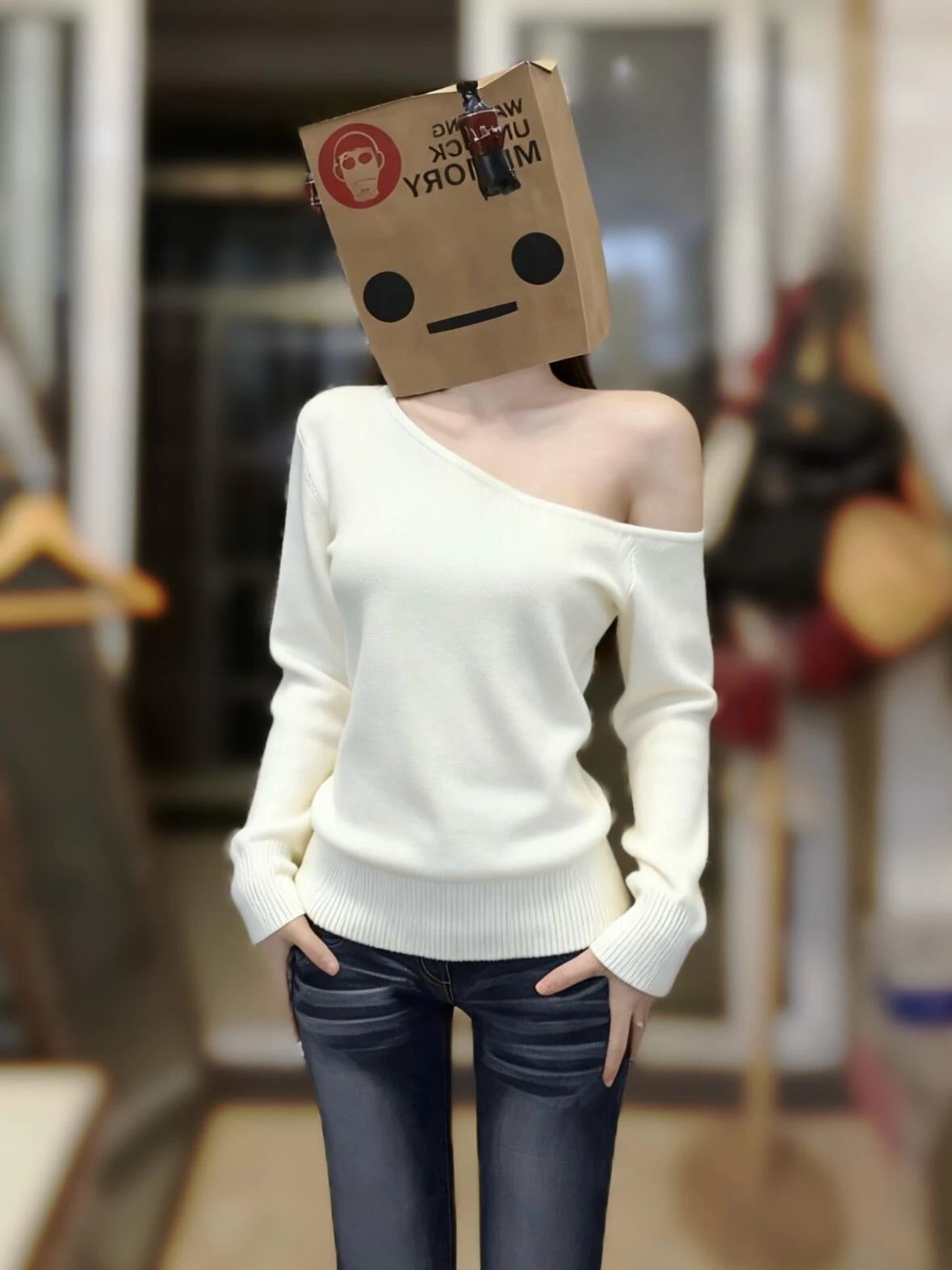 Loose Fit Shoulder Bared One-Shoulder Knitted Sweater Women's Comfortable Style Korean Design Casual Long Sleeve Top