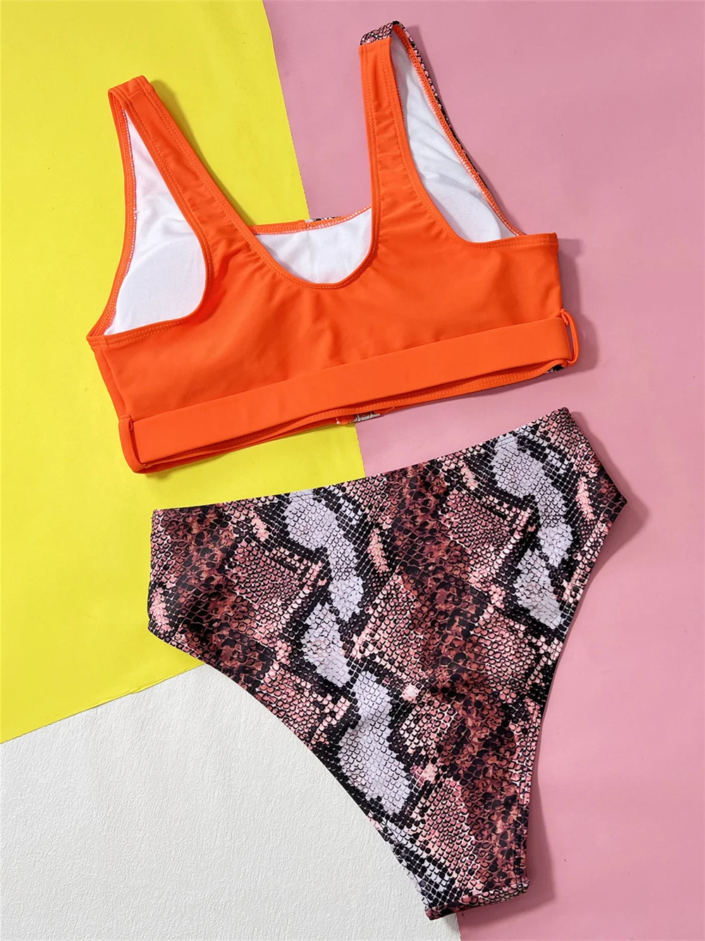 Sexy Snake Tankini Orange Bikini Belt Bandage High Waist Swimsuit Push Up Vacation Swimwear Women Beach Bikinis Set Bathing Suit
