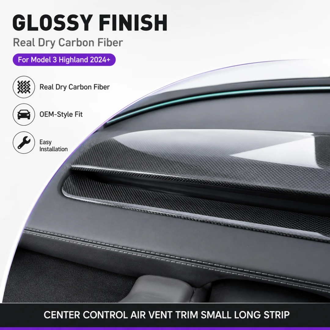 Real Dry Carbon Fiber Center Control Air Vent Trim Small Long Strip for Tesla Model 3 Highland 2024+ Glossy Matte