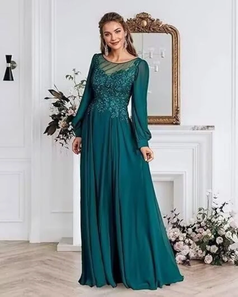 

Long Sleeves Mother of The Bride Dresses for Women Chiffon Wedding Guest Dress Lace Evening Formal Gown