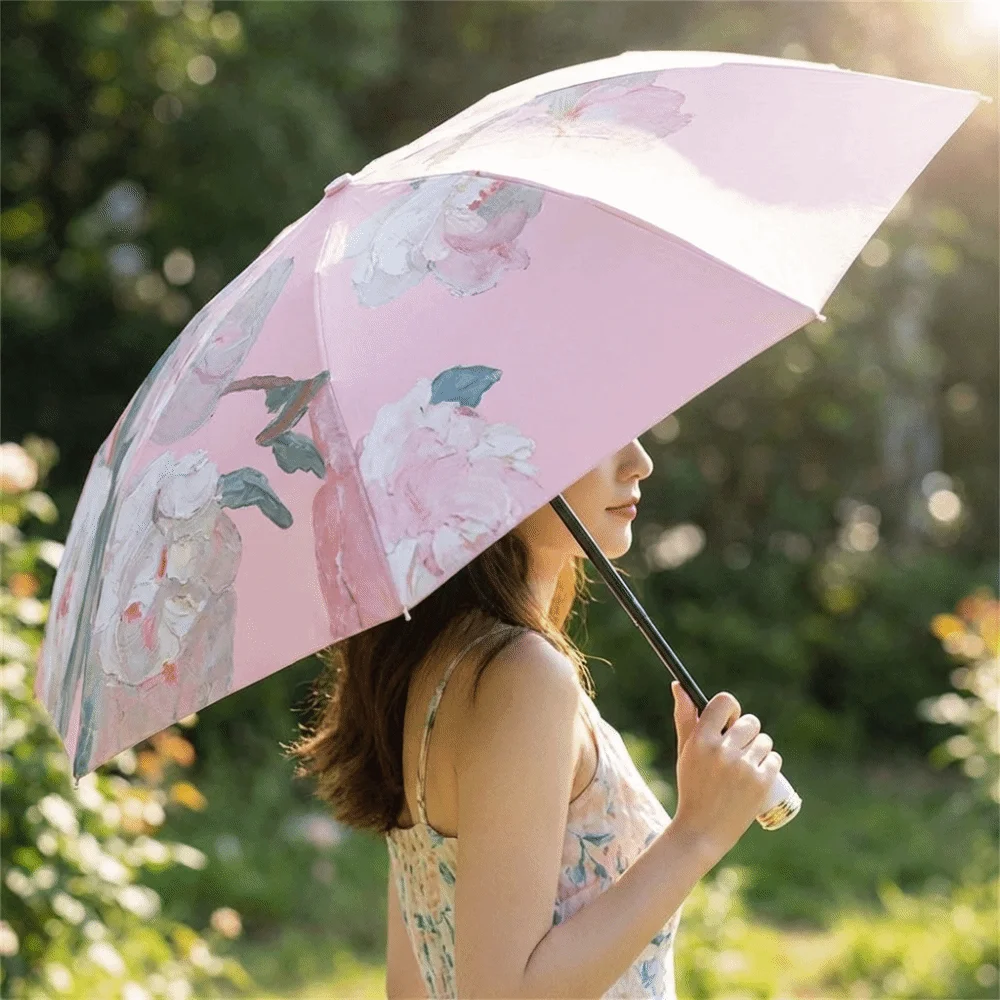 

UV Protection Double-layered Sun Umbrella Floral Print Sun Protection Dual-purpose Sunshade Foldable with Storage Bag
