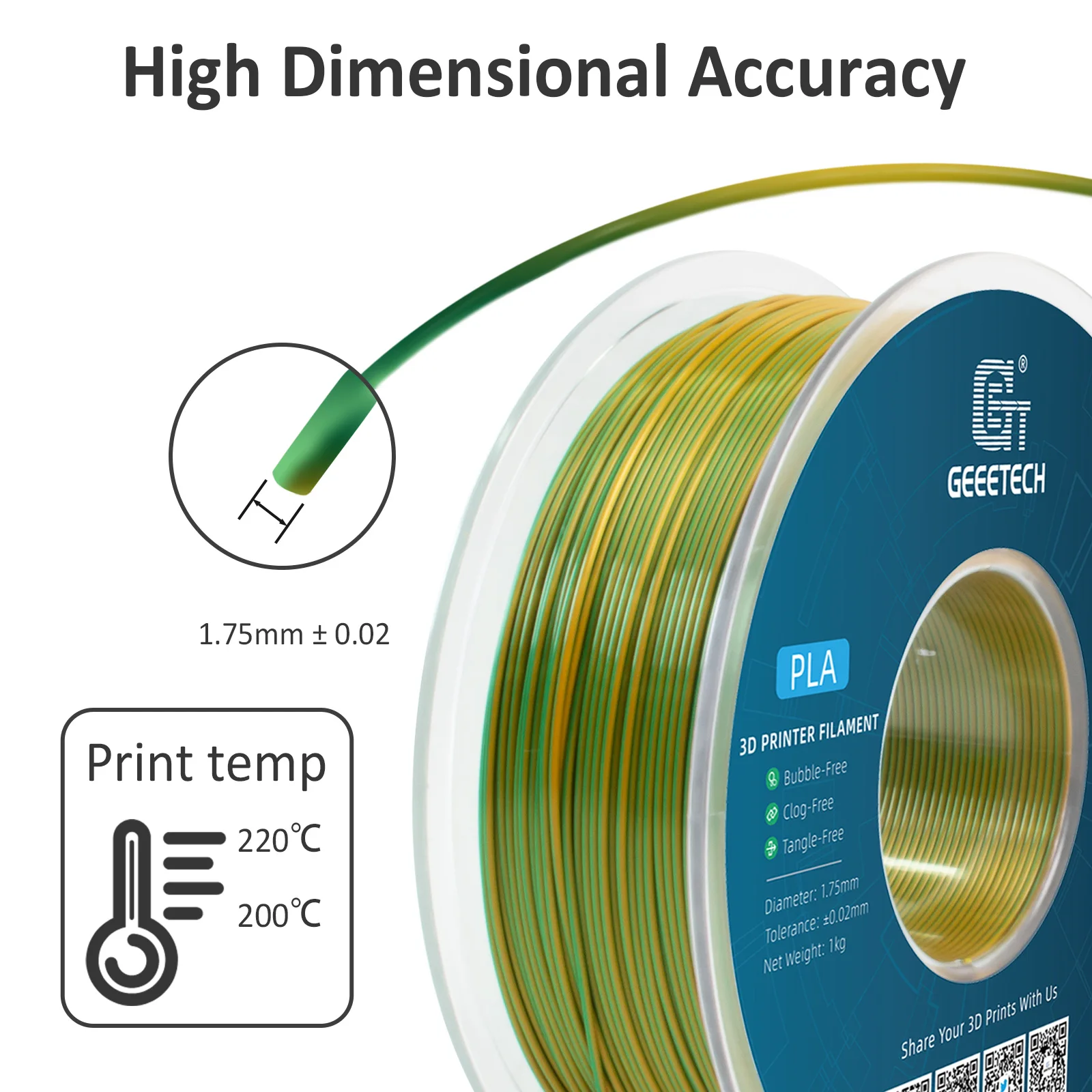 Geeetech 5KG Dwukolorowy Filament Jedwabny PLA, Filament 3D 1,75 mm Szpula (+/-0,03 mm) Pakowany próżniowo — zdjęcie produktu 4