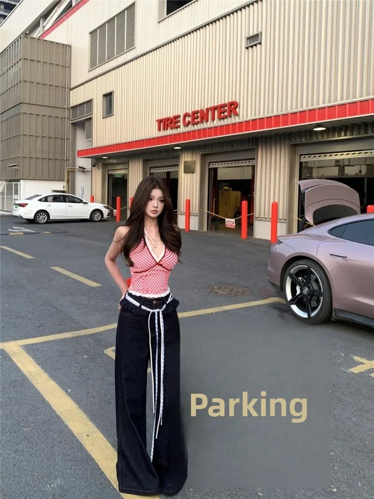 

Retro Ruffle Splicing Wide Leg Jeans Women's Loose Straight American Sle High Waist Floor Length Trousers Daily Commute