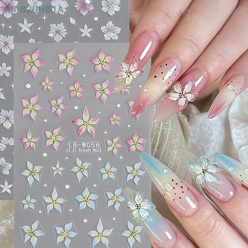 1sheet Pink Lily Flower Nail Sticker Relief 3D Jelly Five Petal Flower Nail Art Decoration Decals Diy Selfadhesive Sliders