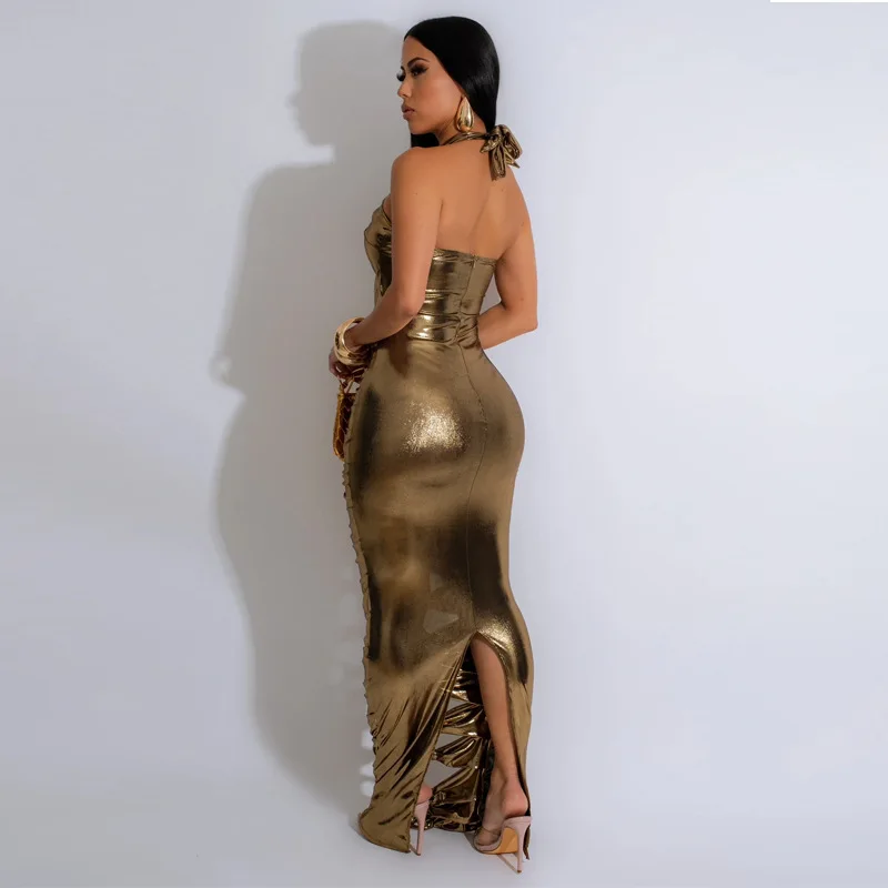 Women Gilding Halter Neck Roll Hollow Out Sleeveless Birthday Bodycon Midi Maxi Dress 2024 Sexy Party Dresses Vestidos