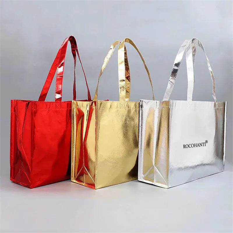 50x LOGO personalizzato stampato argento metallizzato oro Shinny Tote Bag in tessuto grandi sacchetti regalo per la spesa in tessuto Non tessuto per