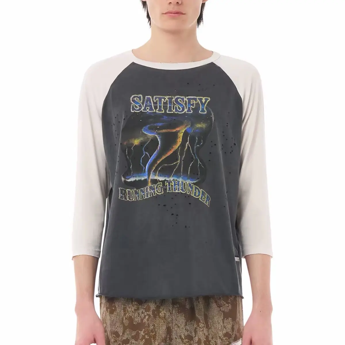 Satisfy tornado print old ripped shoulder sleeves long sleeve T-shirt