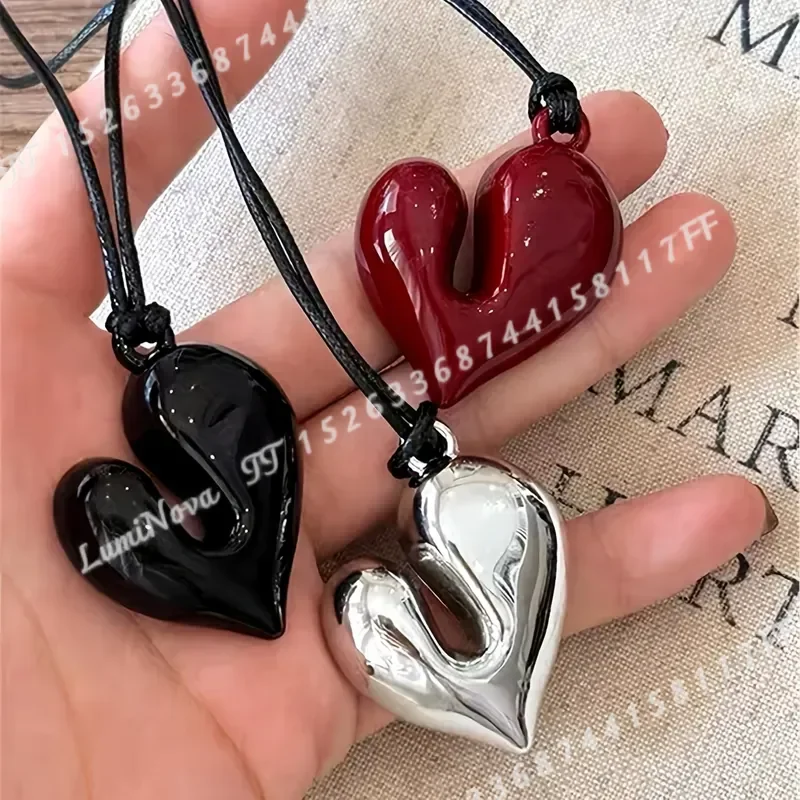 1pc/3pcs Retro Minimalist Asymmetrical 3D Love Heart Leather Rope Women Sweater Chain Long Necklace Spicy Y2K Style Jewelry