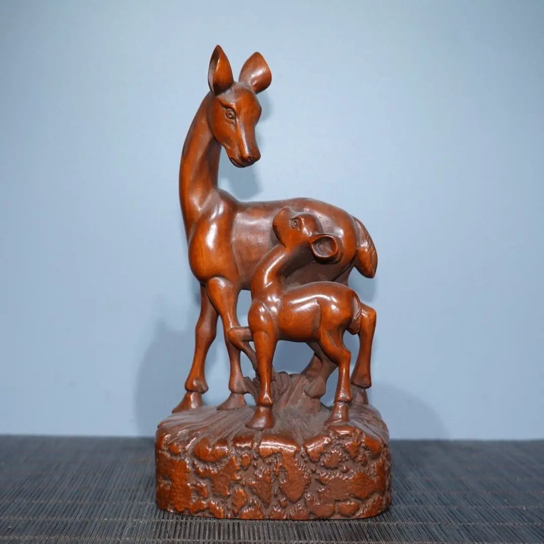Hand Carved Wood Mother and son deer elk Statue Figurine Desktop Ornaments Home Decoration