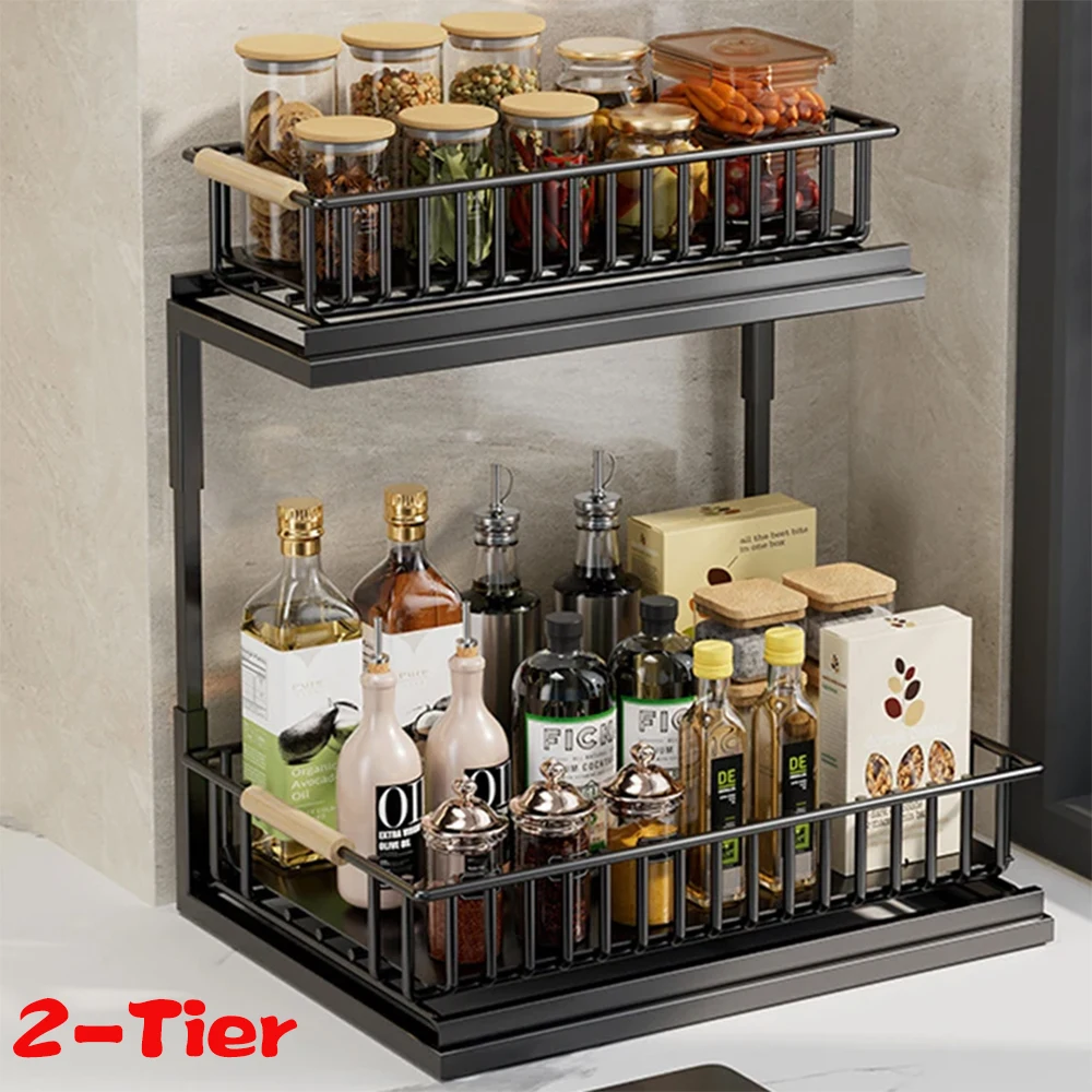 Kitchen Storage Spice Rack with Slide Rails 2 Tier Multifunctional Pull-out Under Sink Cabinets seasoning Organizer Shelf