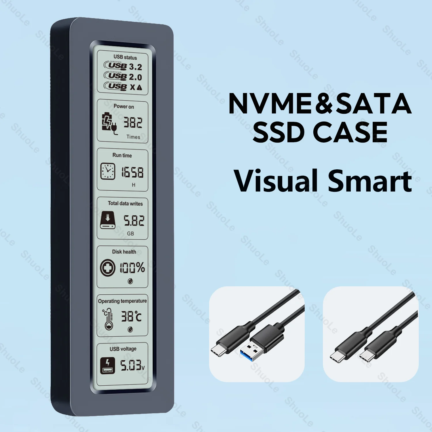 M.2 NVMe SATA SSD Enclosure Visual Smart SSD Case USB 3.2 Gen 2 10Gbps NVMe PCI-E 20Gpbs