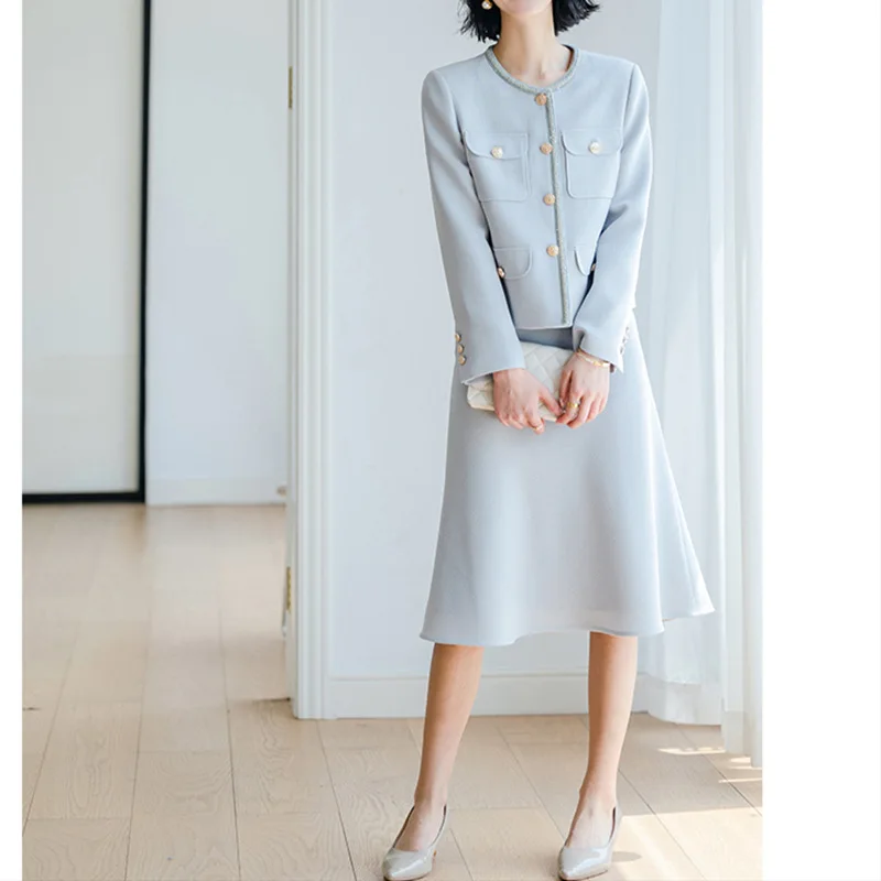 Black Acetate Fiber Blazers Set Autumn Women Luxury Collarless Skirts Suits Xiaoxiangfeng Jacket Suit Button Long Sleeves Coats