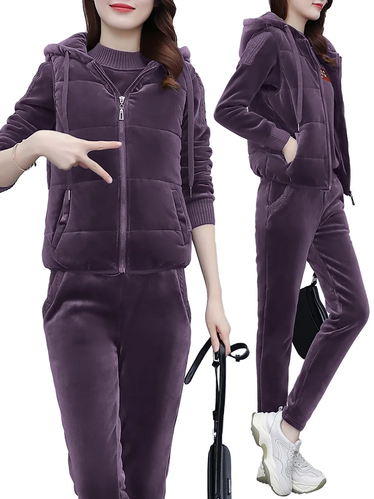 3PCS Winter Thicken Velvet Women Sport Suit Tracksuit Loose Hoodie+sweater+pant Running Jogger Fitness Workout Casual Outfit Set