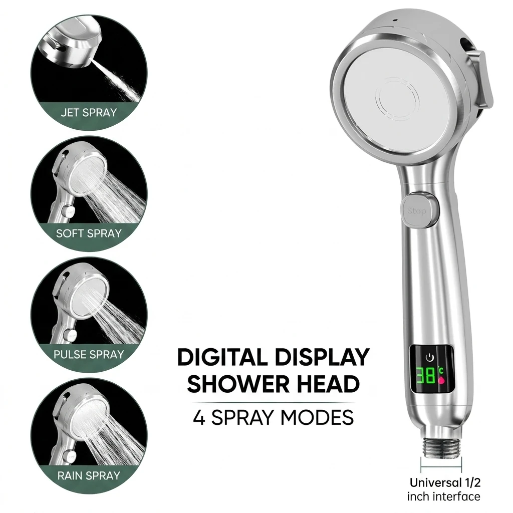 HTMCK Handheld High-Pressure Bathroom Shower Head, Water-Saving Design with 4-Speed Modes & LED Digital Temperature Display