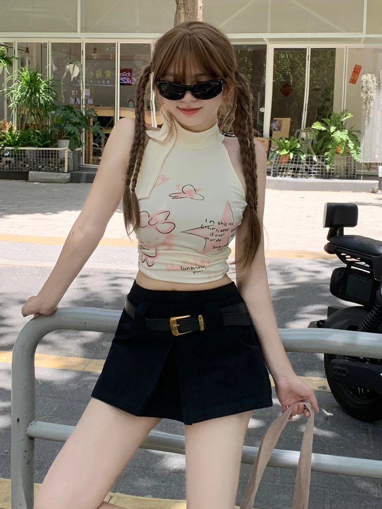 Pantaloncini divisi vintage kaki da donna Gonne Y2K Harajuk 2025 Pantaloncini a trapezio a vita alta casual moda coreana estiva Donna Nuovo