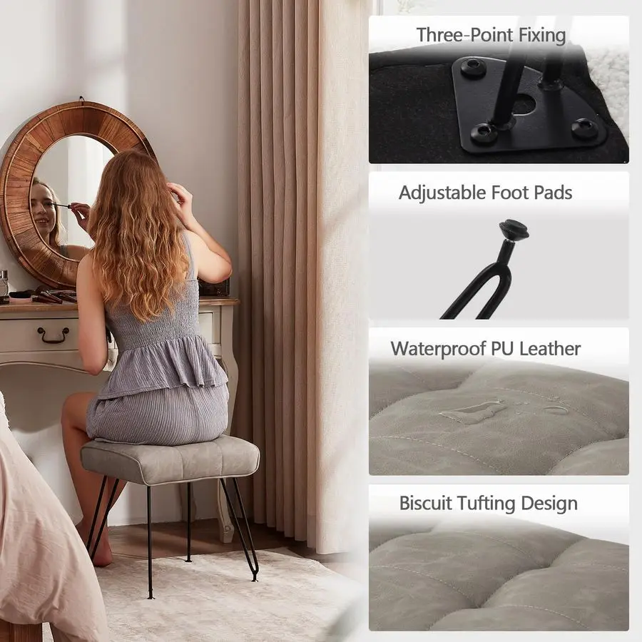 Bancos de vaidade de couro, cadeiras de fezes de vaidade para maquiagem fezes de pé de couro falso otomano com perna de metal compõem cadeiras para vaidade
