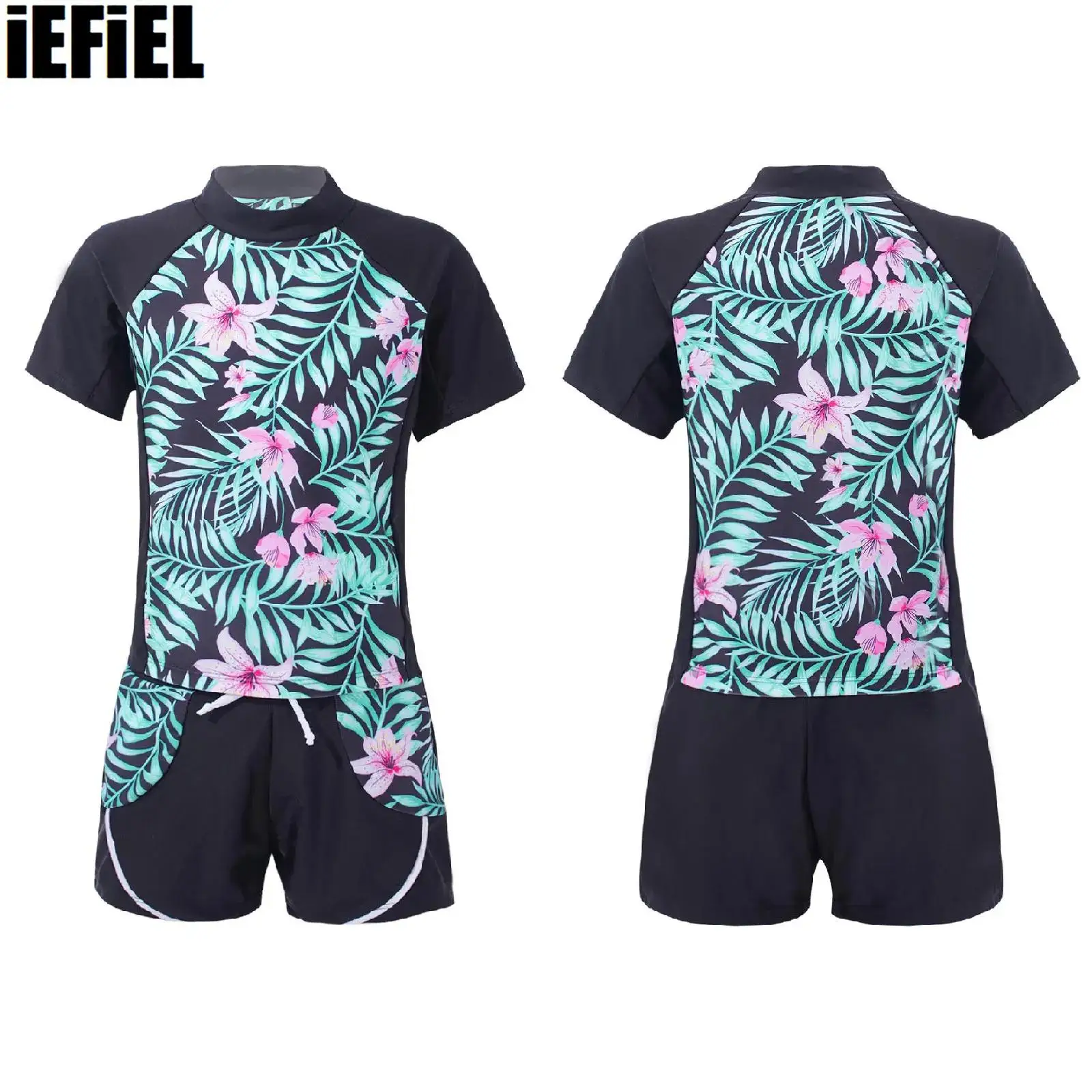 

Kids Girls Floral Print Swimsuits Short Sleeves Rash Guards Top Drawstring Boyshorts Beach Swimwear Bathing Suits