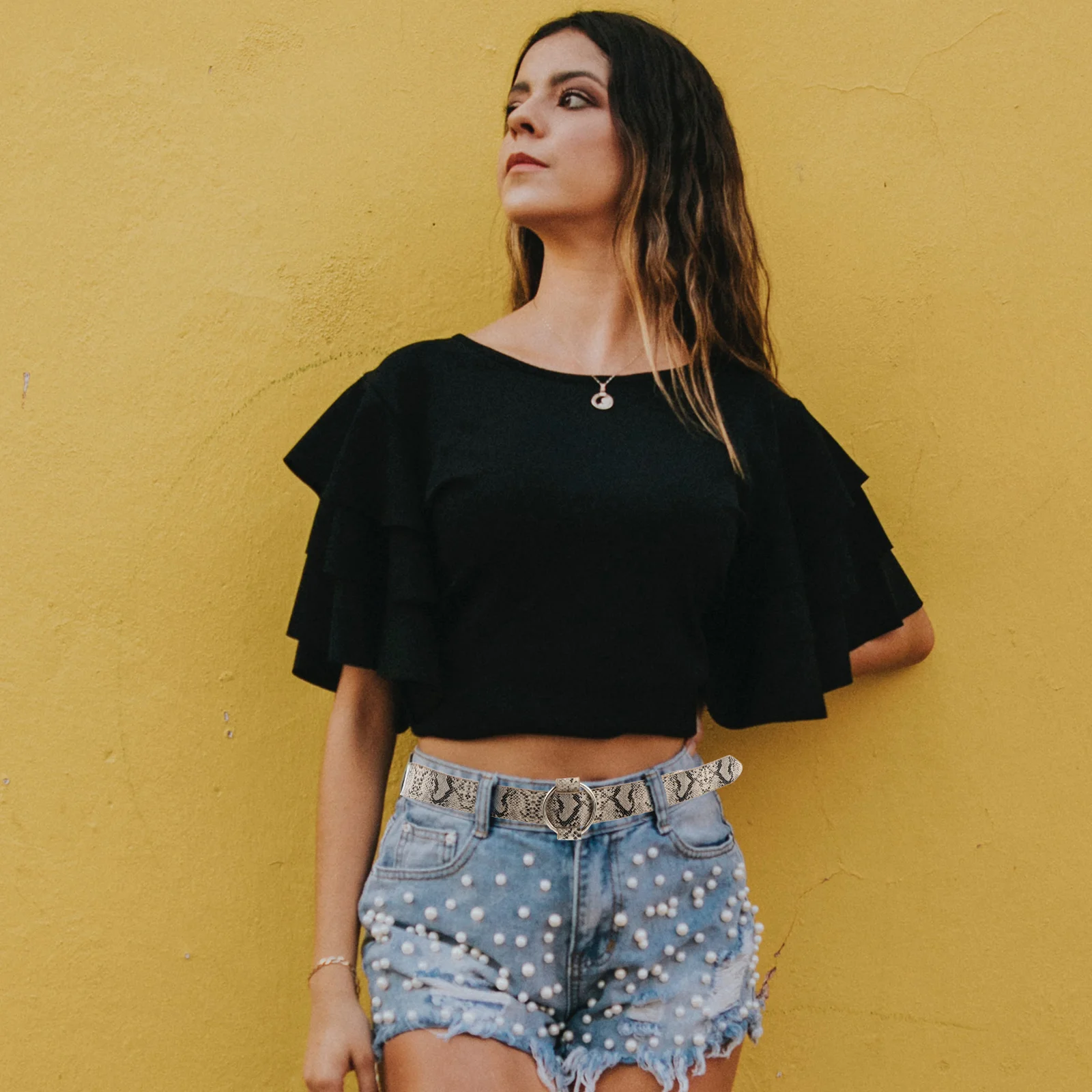 

Snake Pattern Imitation Waist Belt For Women Round Buckle Casual Belt Fashion Lightweight Durable Chic Design