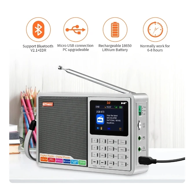 純正】GTMEDIA D2 ポータブルDABデジタルBluetoothスピーカー AUX入力 TFカードスロット MP3プレーヤー 録音 時計 アラーム スリープタイマー ラジオ