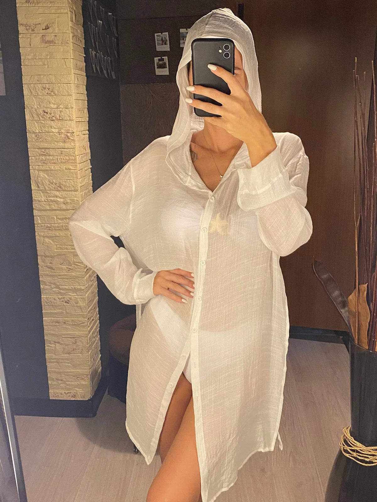 New Hooded White Shirt Long Sleeve Top Blouse Tunic Beach Cover Up Cover-ups Beach Dress Beach Wear Beachwear Female Women V6107