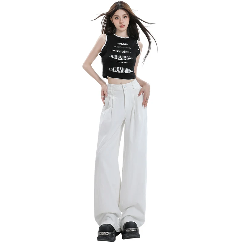 2025, neue amerikanische Retro-lose Hose mit weitem Bein, weißer Tropfen, atmungsaktiv und vielseitig, gerade Cowboy-Freizeithose für Damen