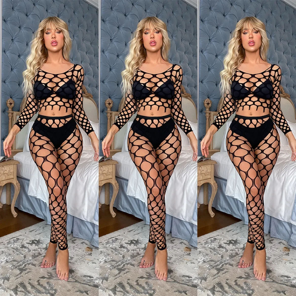 2023 Nuova Lingerie sexy in pizzo Trasparente Calze per il corpo da donna Biforcazione libera Orecchie Lingerie sexy Tuta a rete Bodystocking