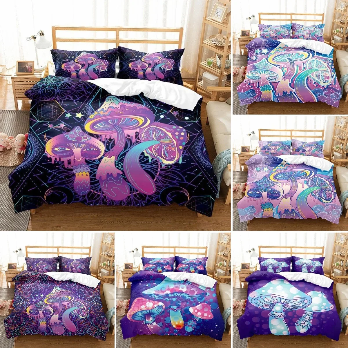 Mushroom Comforter Set Kids Bedding Set,3Pcs Colorful Soft Gradient Mushroom with 1 Duvet Cover 2 Pillowcases for Kid Boys Girls