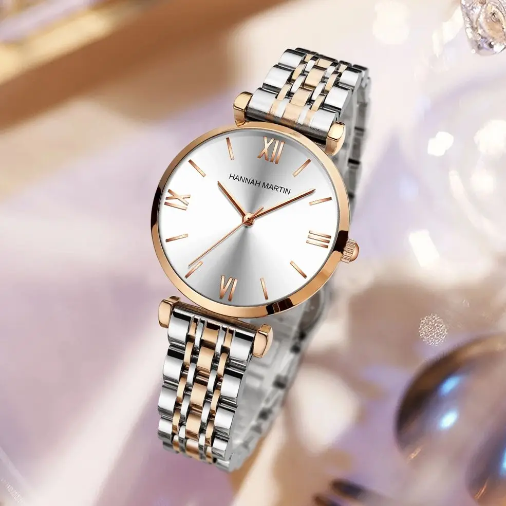 Simple Fashion Stainless Steel Women Watch Rose Gold Elegent Japan Movement Quartz Wristwatch Simple Round Dial Bracelet Watch