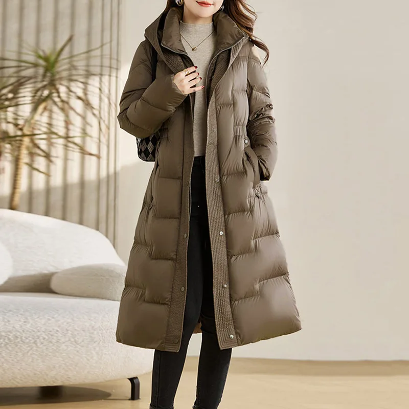 2026 European Winter New Women's Down Jacket Slim Fit Commuter Hoodie Windproof Belt Down Jacket
