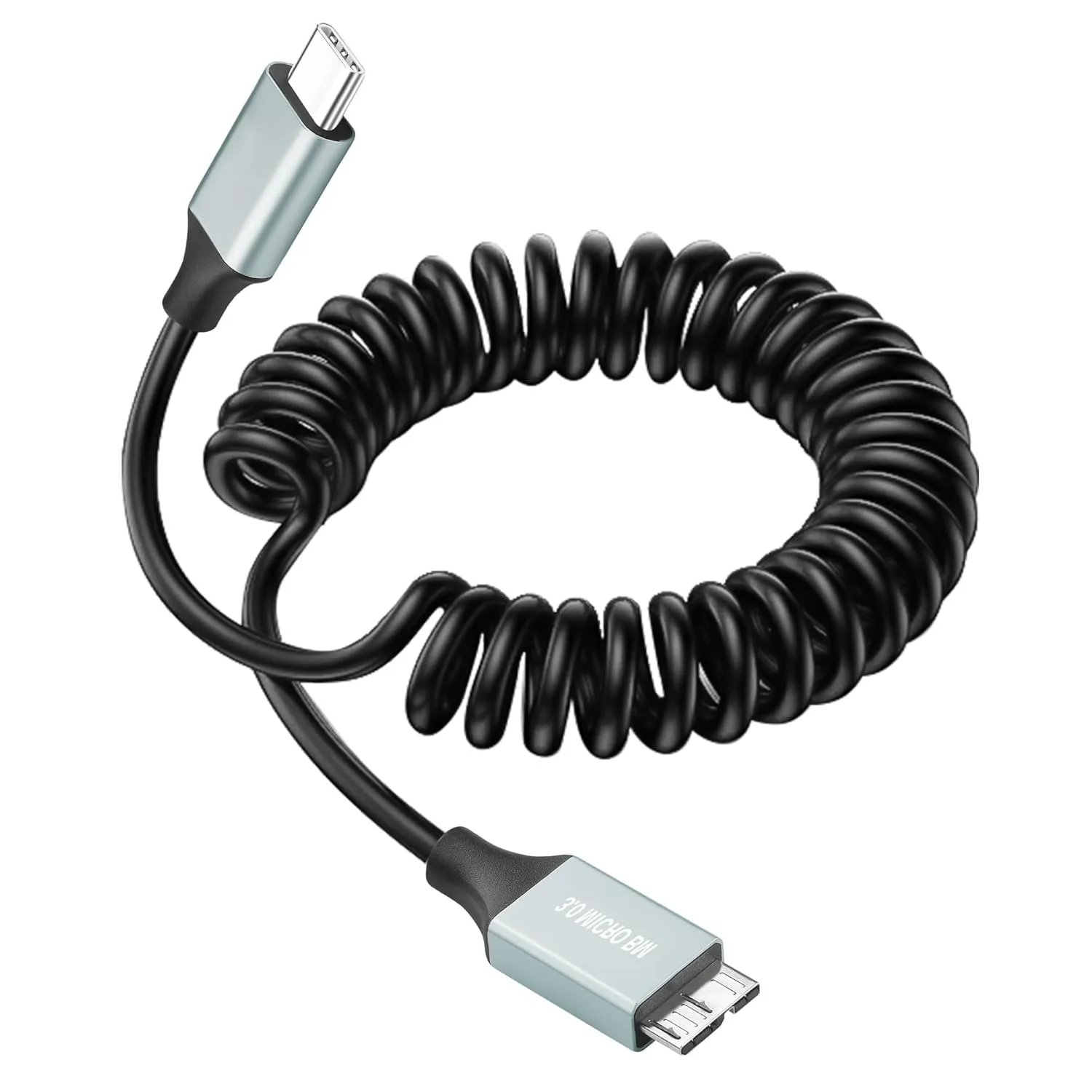 

1M USB 3.0 Micro B To Type C Coiled Cable 5Gbps Fast Sync Hard Drive Data Cord Compatible for WD Seagate Toshiba SSD PC Camera