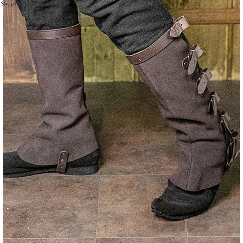 Side‑Strap Adjustable Leg Guards Medieval Renaissance Faux Suede Boot Toppers Larp Cosplay Boot Covers For Vintage Stage Outfit