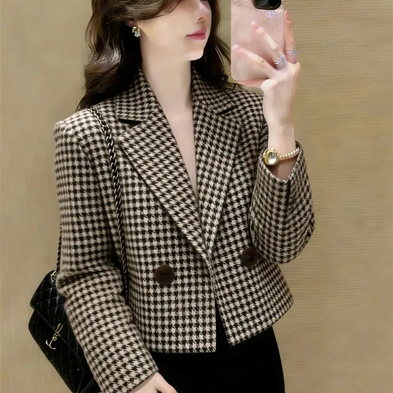 2026 Spring  Autumn Jacket New Good-looking Short Small Fragrant Style Thousand Bird Grid Coat Women's Coats Outerwear Top