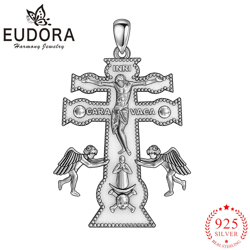 Caravaca Cross Jewelry Eudora 925 Sterling Silver Cross Necklace for Man Woman Angel Christian Personality  Pendant Banquet Gift