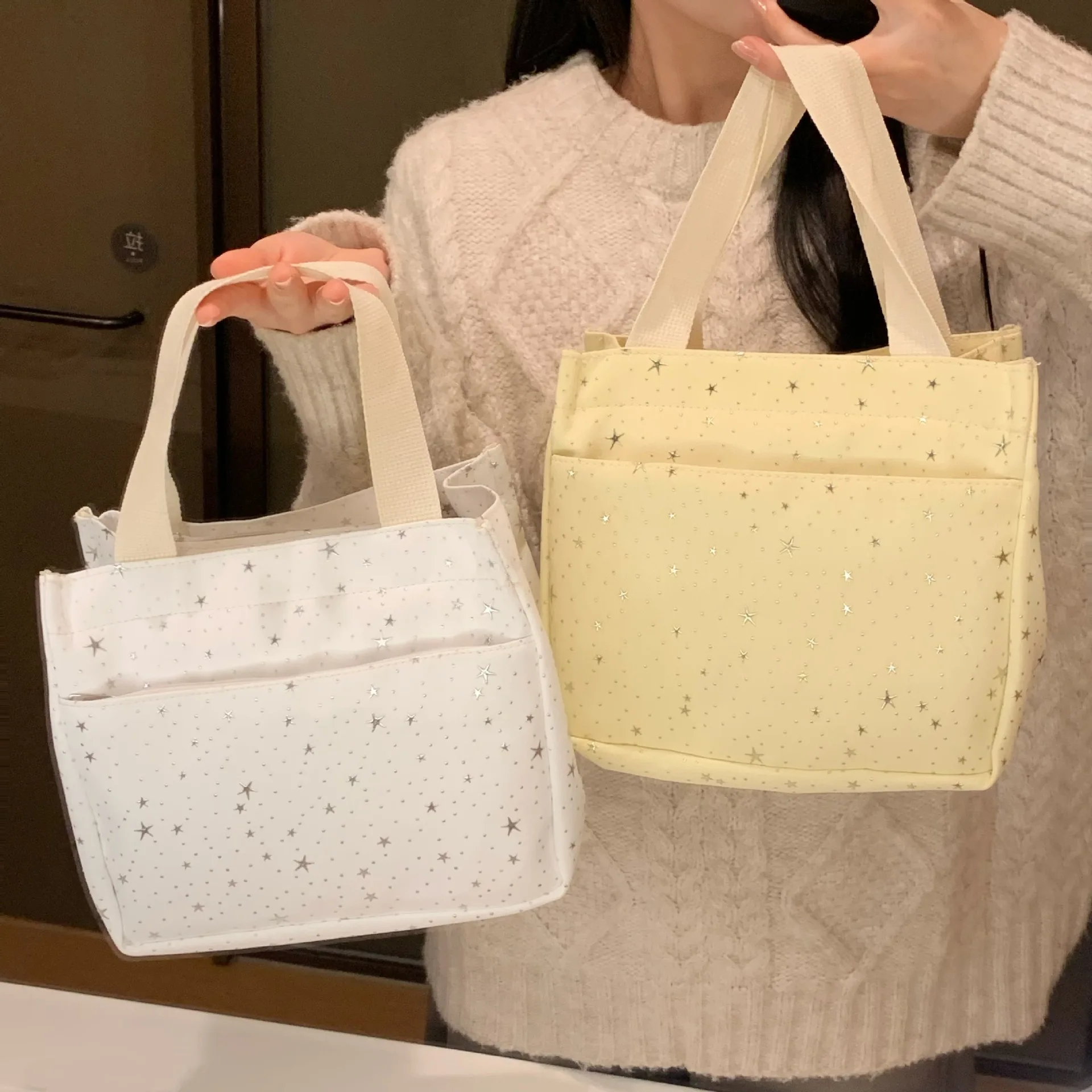Stylish Shiny Star Rhinestone Bento Bags Women's New Large Capacity Zipper Daily Handbags Korean Style Casual Storage Bag