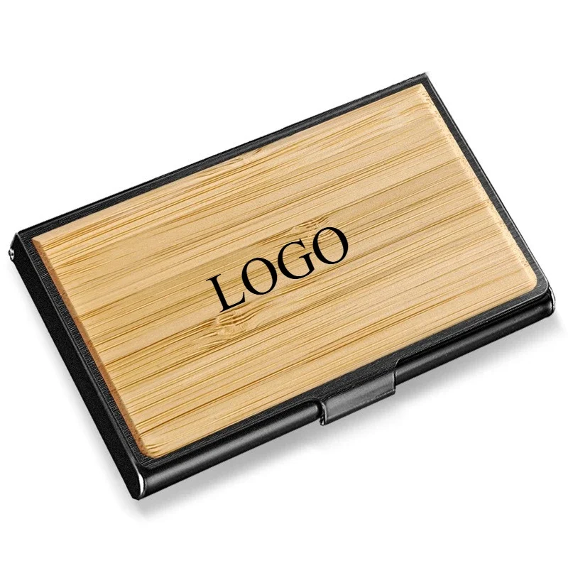Laser Customized LOGO Solid Wood Sheet Stainless Steel Metal Electroplating Business Card Box Wood Grain Business Cardcase Gift