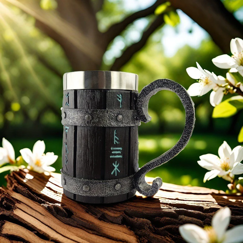 Viking Wood Grain Beer Mug 304 Stainless Steel Medieval Tavern Wood Imitation Barrel Tankard Beer Mug Coffee Cup Halloween Gift