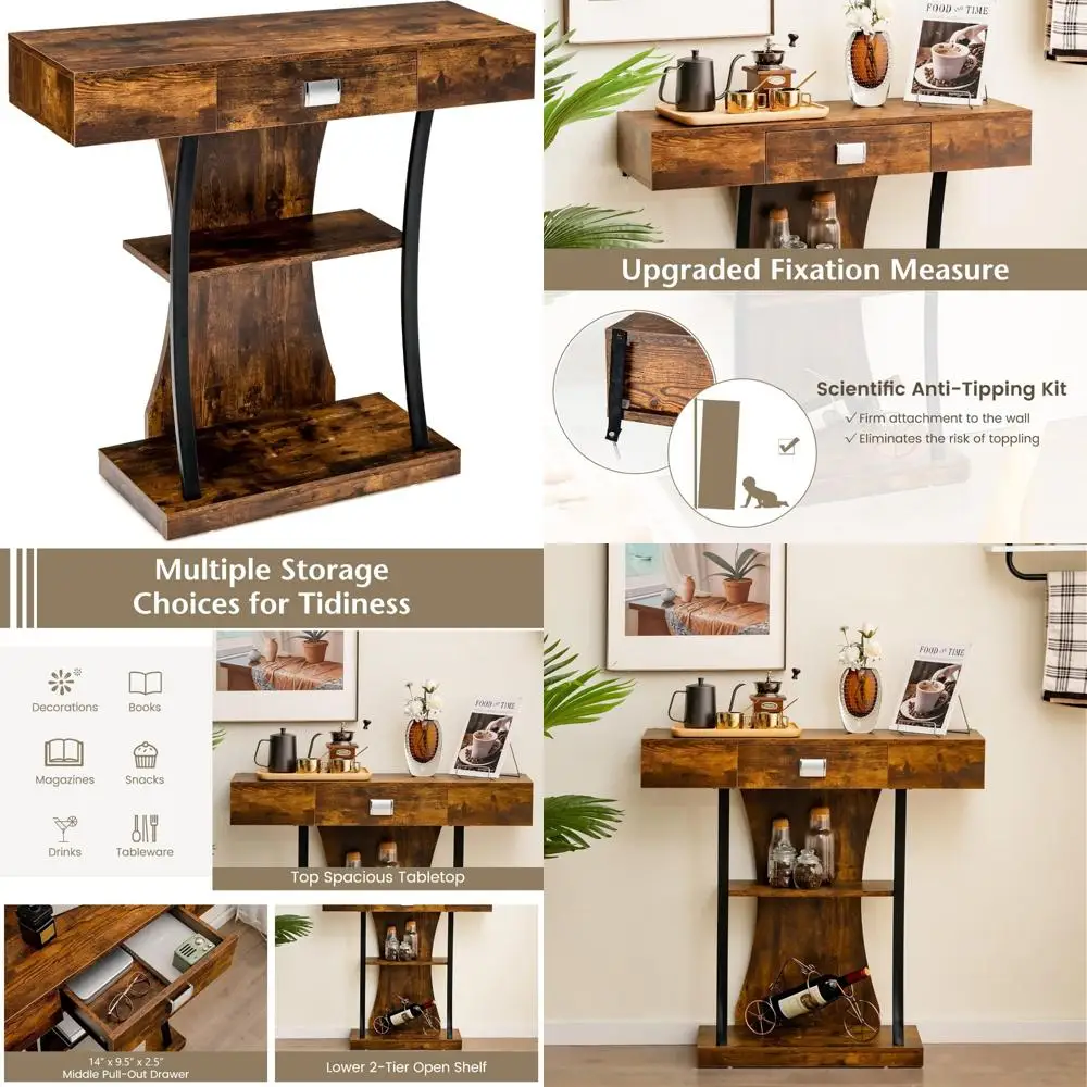 

Modern T-Shaped Sofa Console Table with Drawer and Shelves, Behind Couch Storage, Dual Anti-Tipping, Foyer Entryway Furniture