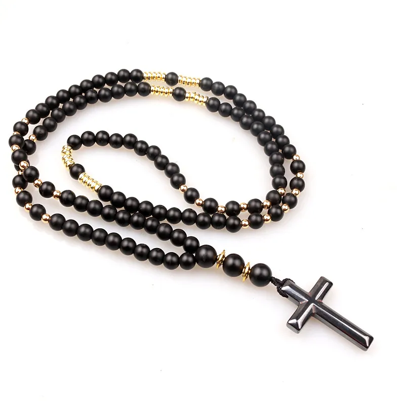 Man\'s unique necklace 6mm Natural stone bead & Hematite Cross Pendant Necklace Fashion Jewelry