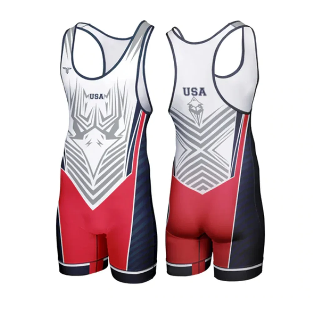 

Summer USA Team Professional Men's Sleeveless Wrestling Singlets Race Suit Boxing Power Weight Lifting Bodysuit Gym Fitness Sets