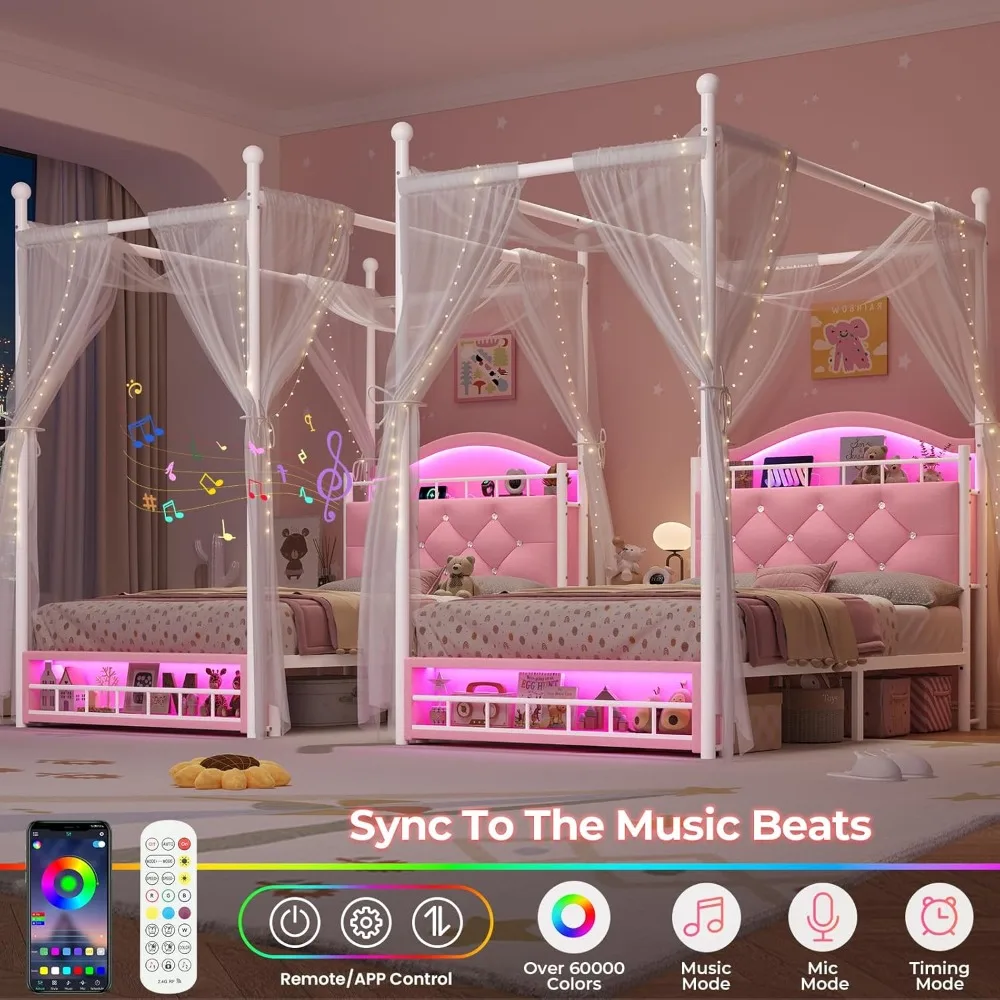 إطار سرير مزدوج المظلة مع أضواء LED ومحطة شحن، سرير بمنصة منجدة مخملية للفتيات، لوح رأسي مع Ch