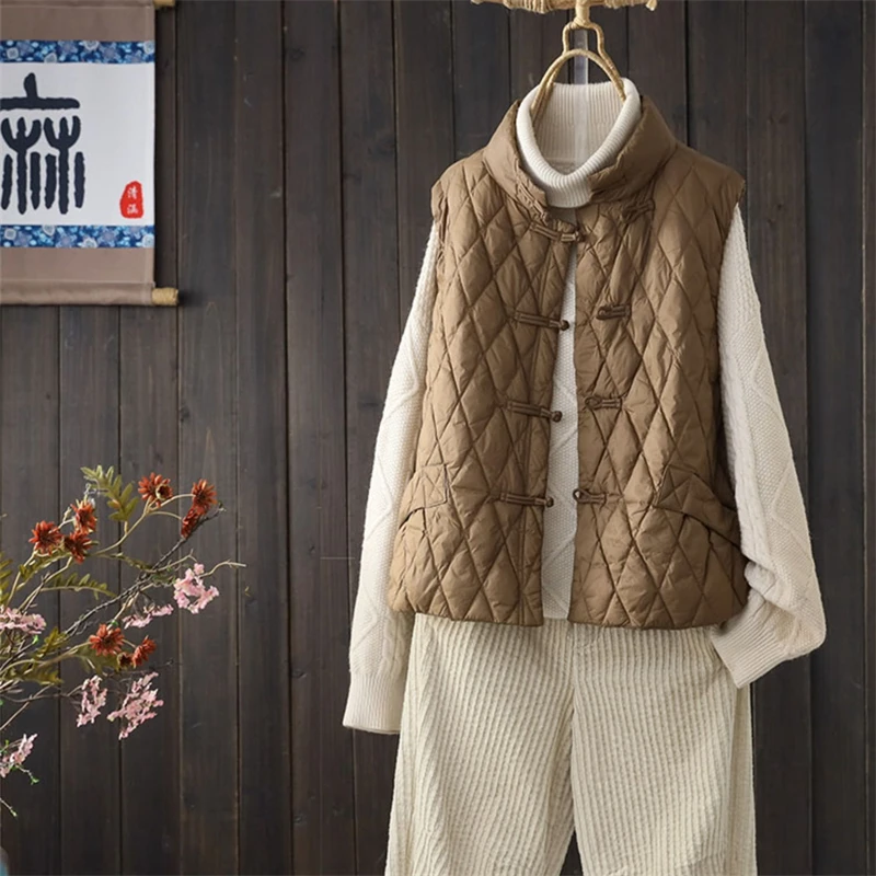 Light Down Cotton Padded Jacket Vest Women's Autumn Winter Chinese National Style Buckle Stand Collar Shawl Rhombic Cotton Coats