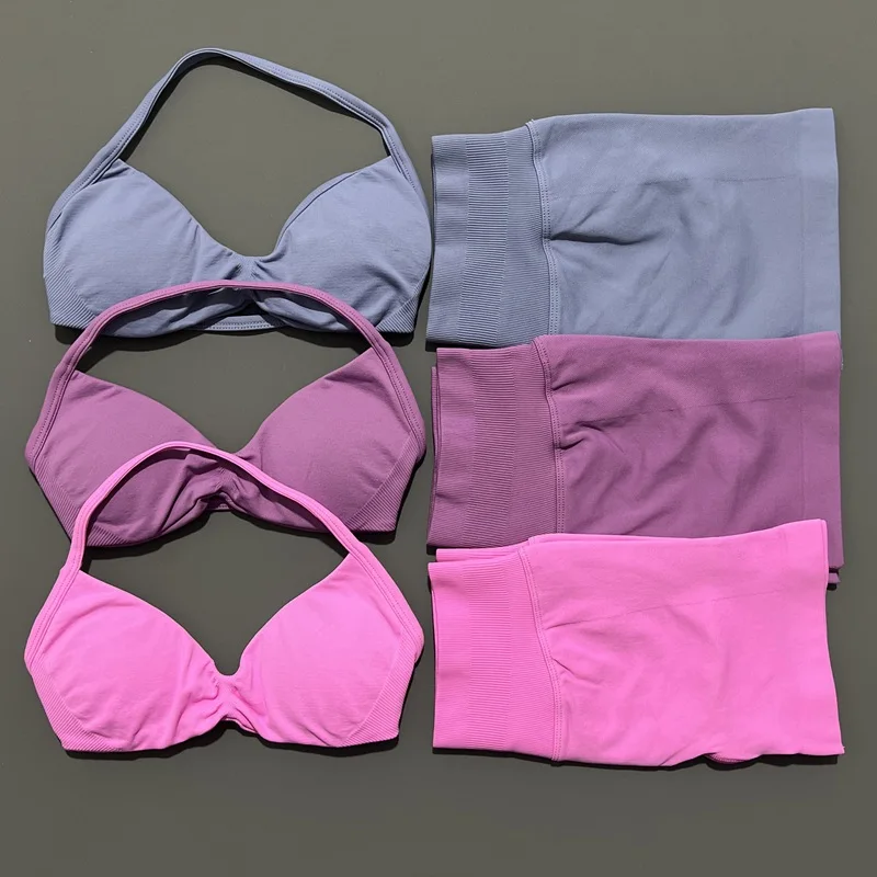 HISTELLO No Logo 2 Piece Impacts Gym Set Women Seamless Yoga Strappy Bra Workout Scrunch Sports Low Waist Shorts Sport Set