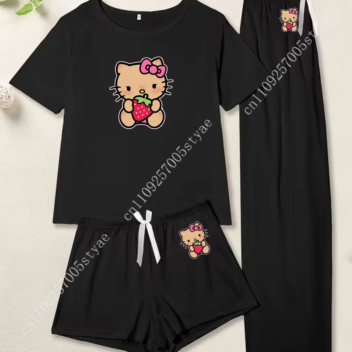 

Sanrio Sanrio Family Women's Pajamas Printed Hello Kitty Three-Piece Set Long Pants Short Sleeve Top Shorts Matching