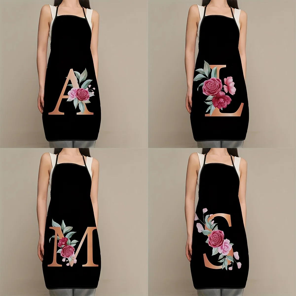 1pc Floral Letter Print Polyester Apron for Women Durable Thickened Kitchen Cooking Apron Elegant Rose and Initial Design Aprons