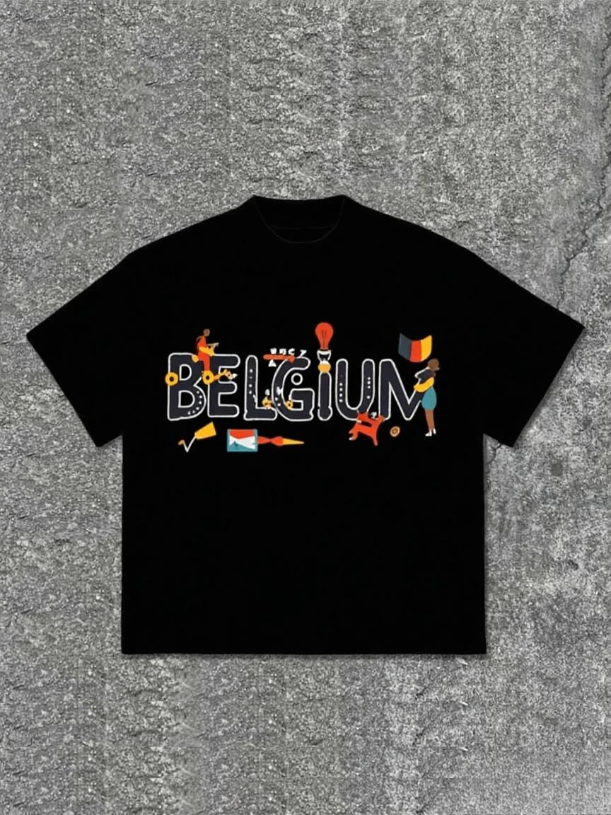 

New Pure Cotton T-shirts with Creative Printed "Belgium" Patterns for Summer Beach Trips for Both Men and Women