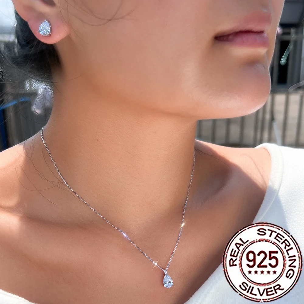 QooLady 925 فضة تألق تشيكوسلوفاكيا الزركون قطرة الماء قلادة قلادة طقم أقراط للنساء مجوهرات حفلات الزفاف ST044