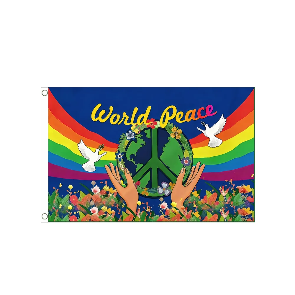 World Peace Flag 2x3ft 3x5ft Polyester Rainbow Peace Doves Hippie Banner Vivid Print For Indoor Outdoor Home Wall Decor